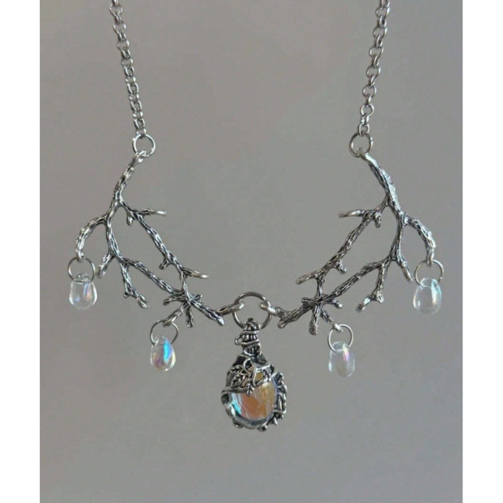 Silver Branch Moonstone Style Necklace Fairycore Cottagecore Woodland Jewelry